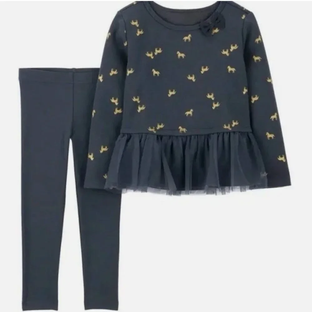 CARTER'S Girls 3T Peplum 2-Piece Top/Leggings Outfit Navy/Gold Horses Tutu NWT